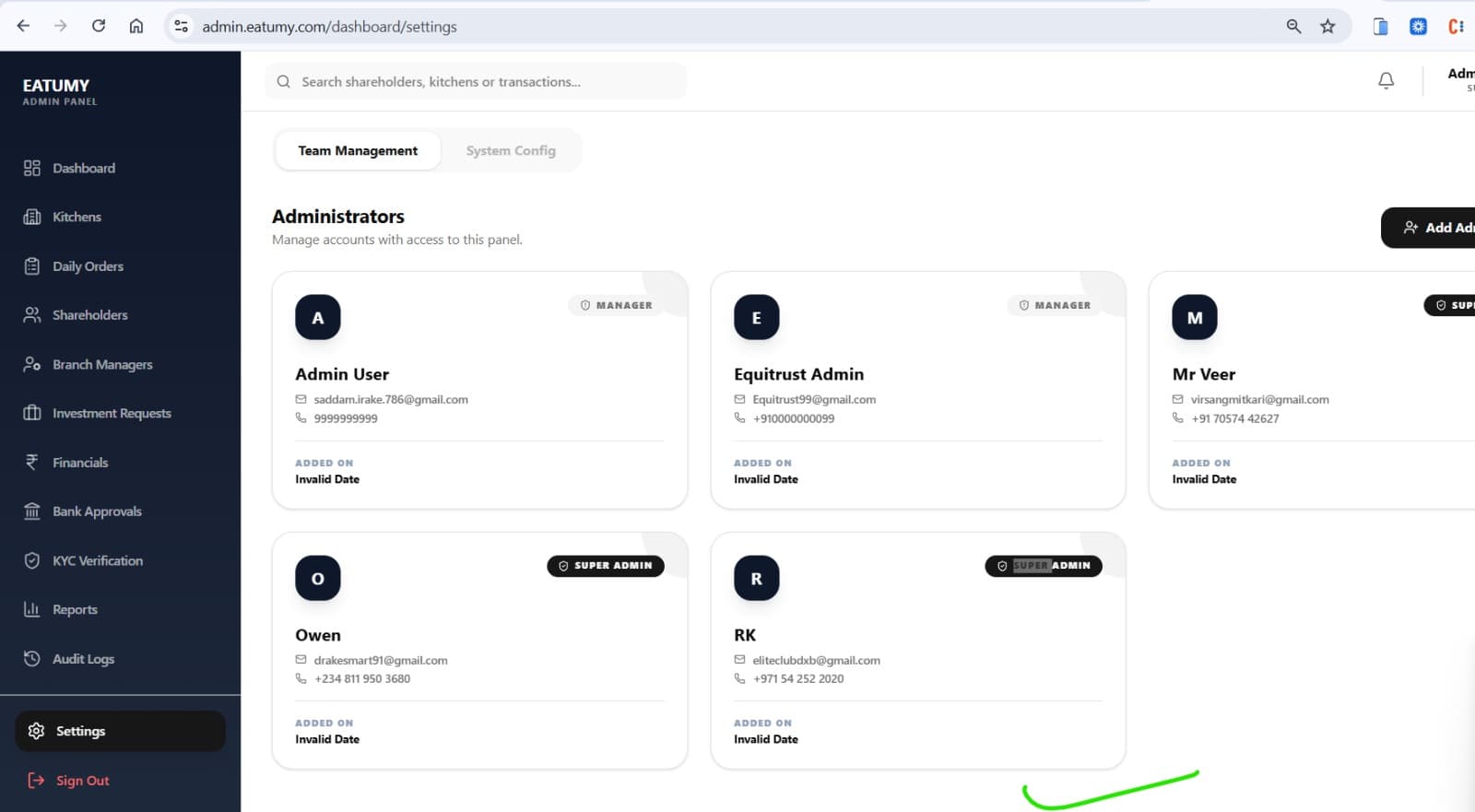 Eatumy Shareholders Admin Panel
